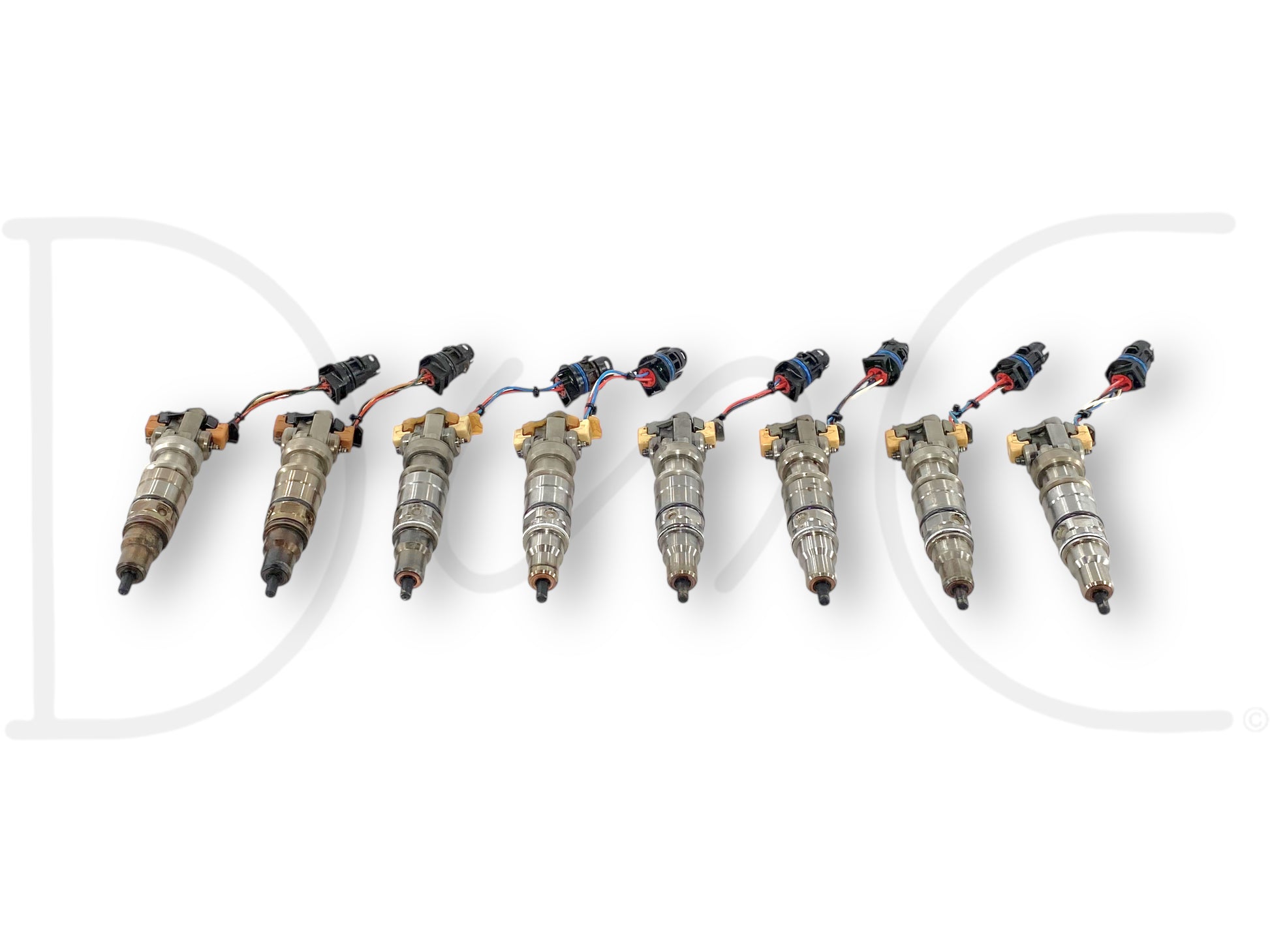 03-07 Ford F250 F350 6.0 6.0L Diesel Fuel Injector Set (8) Injectors *Cores* shown with several blemished electrical plugs, suitable for 2003-2007 Ford F-250, F-350, F-450, and F-550 Super Duty diesel trucks, offering quality pre-owned 6.0L Powerstroke engine parts.