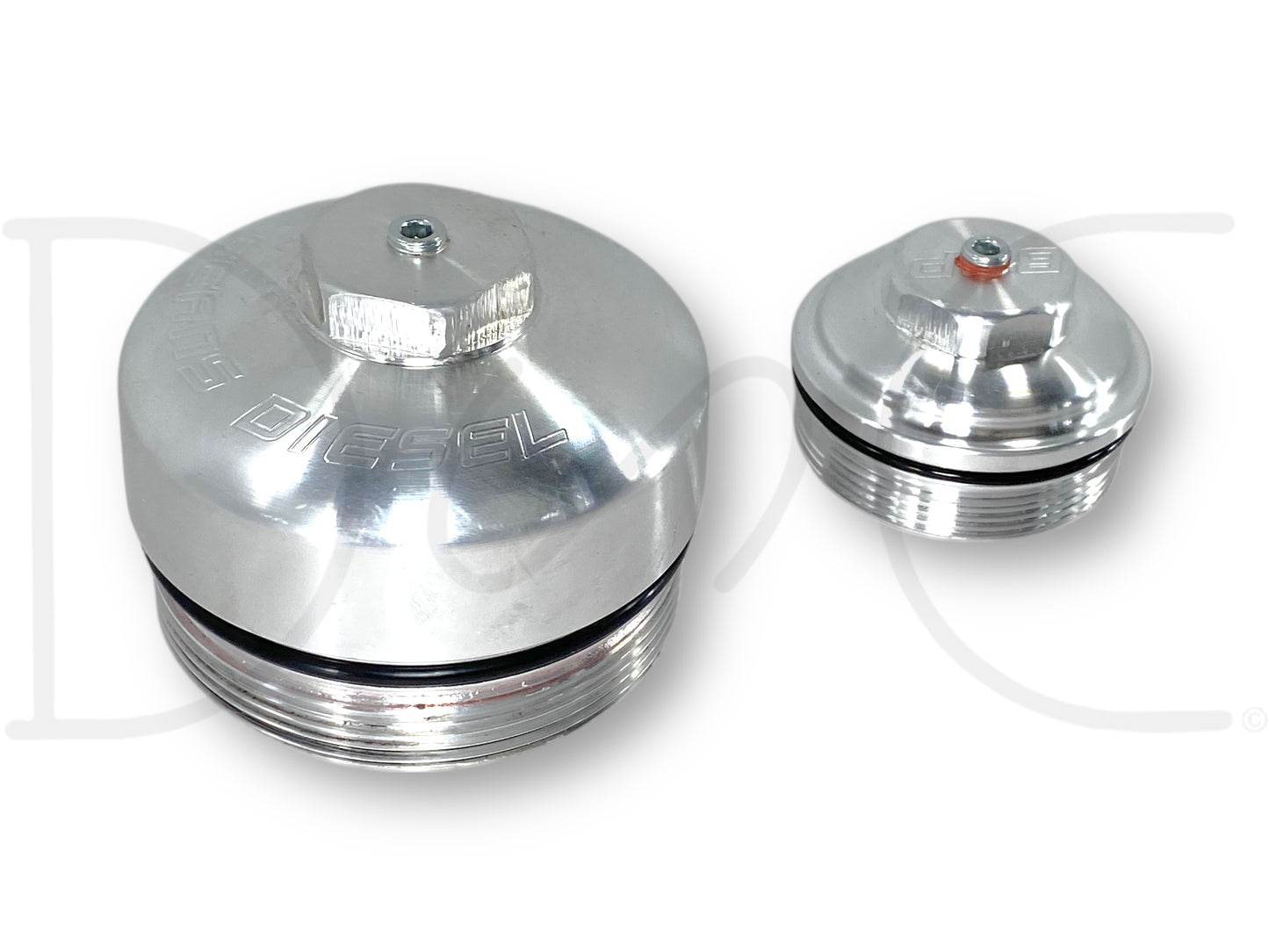 03-07 Ford F250 6.0 6.0L Beans Diesel Fuel Oil Filter Caps Lids Billet Aluminum in used good condition with light wear, made from billet aluminum, designed for 2003-2007 Ford F-250, F-350, F-450, and F-550 Super Duty diesel trucks, featuring a polished finish and durable construction.
