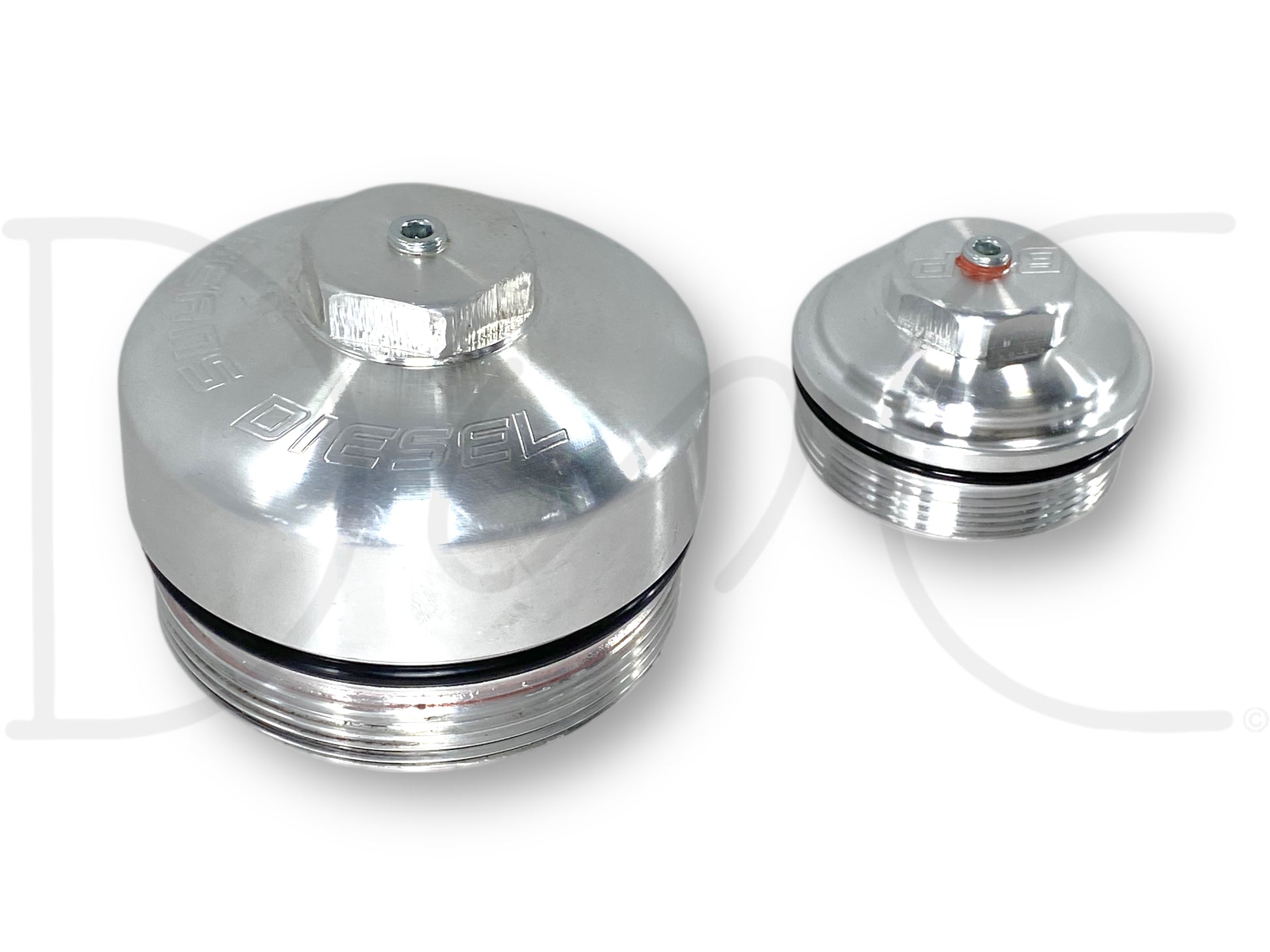 03-07 Ford F250 6.0 6.0L Beans Diesel Fuel Oil Filter Caps Lids Billet Aluminum in used good condition with light wear, made from billet aluminum, designed for 2003-2007 Ford F-250, F-350, F-450, and F-550 Super Duty diesel trucks, featuring a polished finish and durable construction.