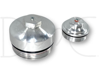 03-07 Ford F250 6.0 6.0L Beans Diesel Fuel Oil Filter Caps Lids Billet Aluminum in used good condition with light wear, made from billet aluminum, designed for 2003-2007 Ford F-250, F-350, F-450, and F-550 Super Duty diesel trucks, featuring a polished finish and durable construction.