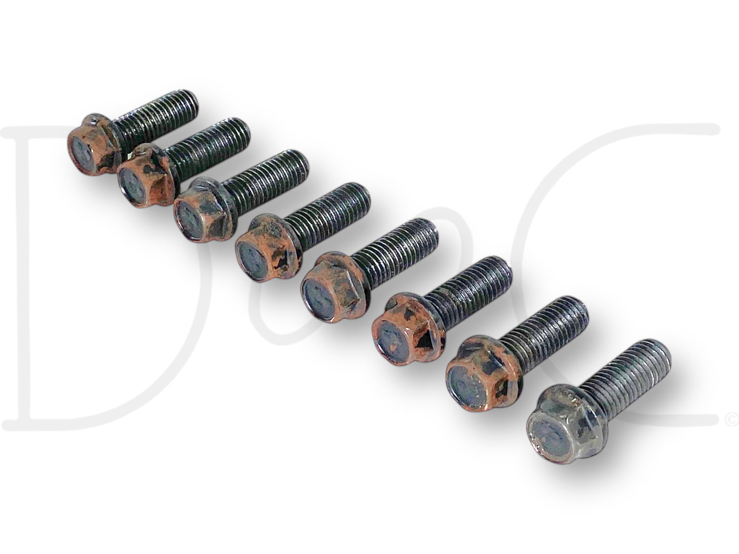 99-16 Ford F350 DRW Dually DANA 80 Rear Axle Shaft Flange Bolt Set 8 Bolts displayed in a row, showing light rust and wear on used OEM bolts compatible with Ford F-350 trucks from 1999-2016, suitable for diesel and Super Duty applications.