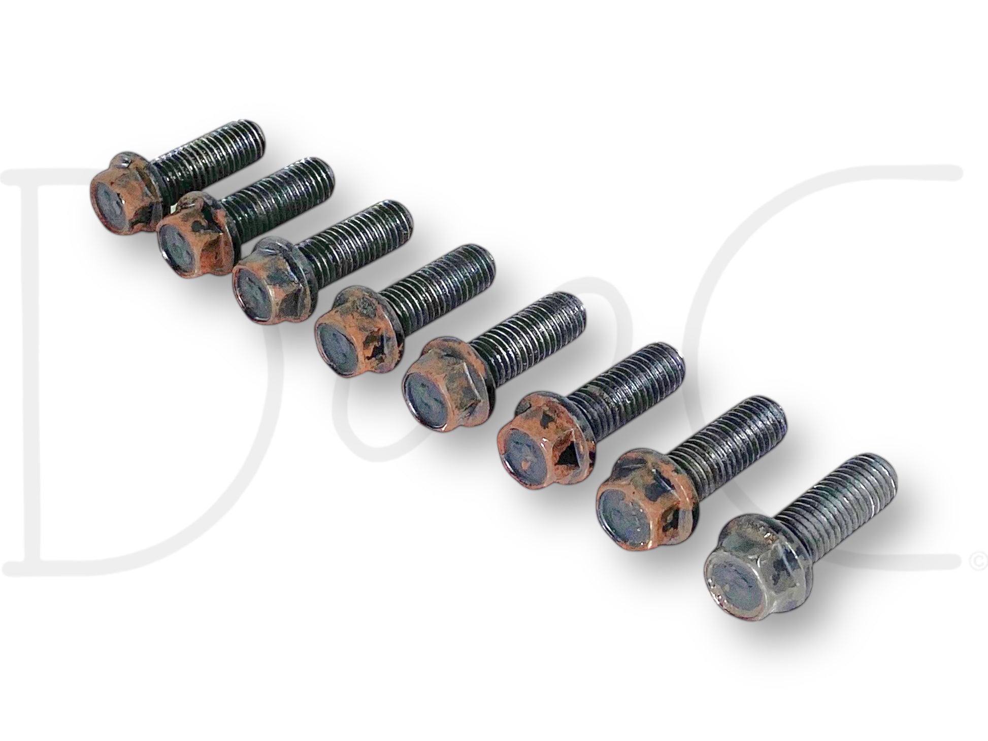 99-16 Ford F350 DRW Dually DANA 80 Rear Axle Shaft Flange Bolt Set 8 Bolts displayed in a row, showing light rust and wear on used OEM bolts compatible with Ford F-350 trucks from 1999-2016, suitable for diesel and Super Duty applications.