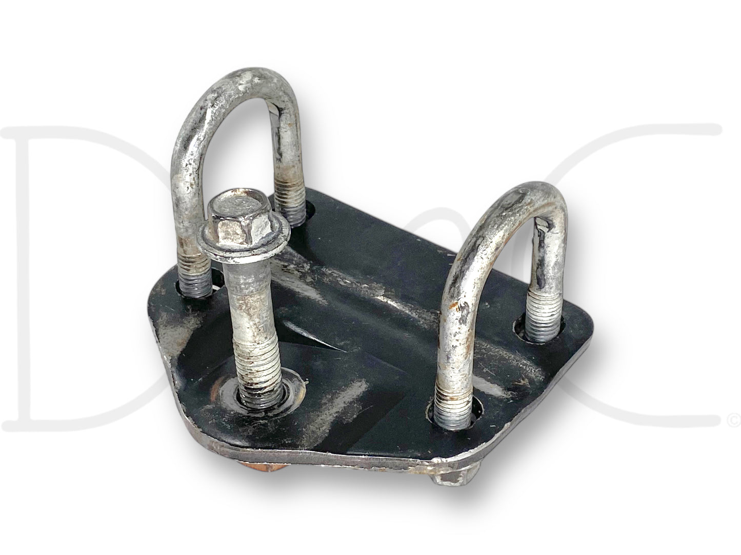 99-04 Ford F250 F350 Steering Damper Stabilizer Lower Mount Bracket OEM, used with light wear, black metal bracket with silver U-bolts and a central bolt, compatible with 1999-2004 Ford F-250 and F-350 trucks including Powerstroke diesel models.