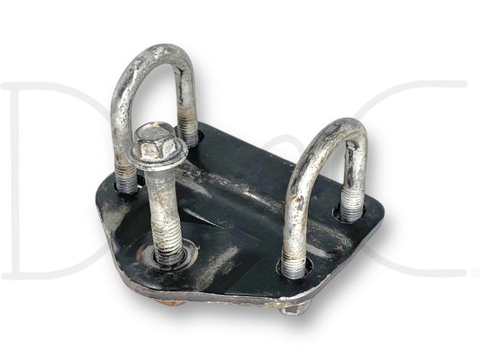 99-04 Ford F250 F350 Steering Damper Stabilizer Lower Mount Bracket OEM, used with light wear, black metal bracket with silver U-bolts and a central bolt, compatible with 1999-2004 Ford F-250 and F-350 trucks including Powerstroke diesel models.