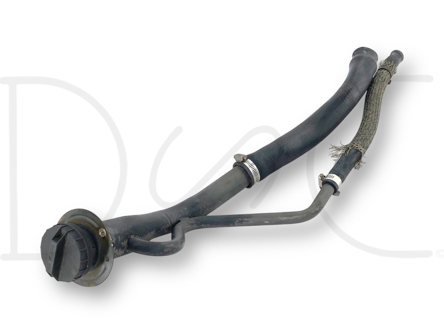99-10 Ford F250 F350 Super Duty Diesel Fuel Filller Neck Long Bed OEM used fuel filler neck part with light wear, compatible with 1999-2010 Ford F250 and F350 trucks, featuring durable hoses and cap, suitable for 6.0L Powerstroke diesel engines.