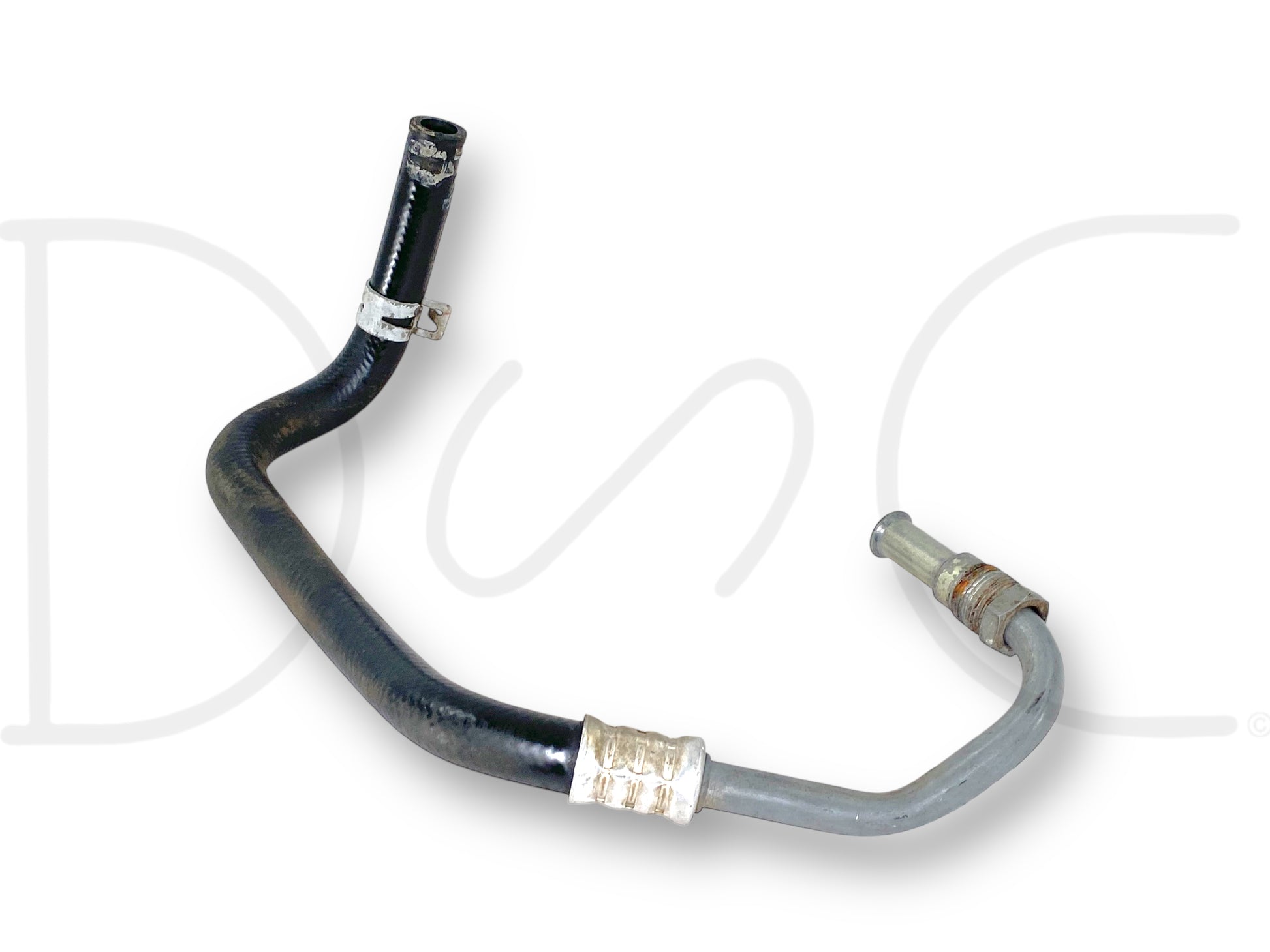 03-04 Ford F250 F350 Front Transmission Trans Cooler Radiator Line Hose Tube OE, used with light wear, compatible with 6.0L diesel Ford Super Duty trucks, featuring black flexible hose and metal tubing with clamps.
