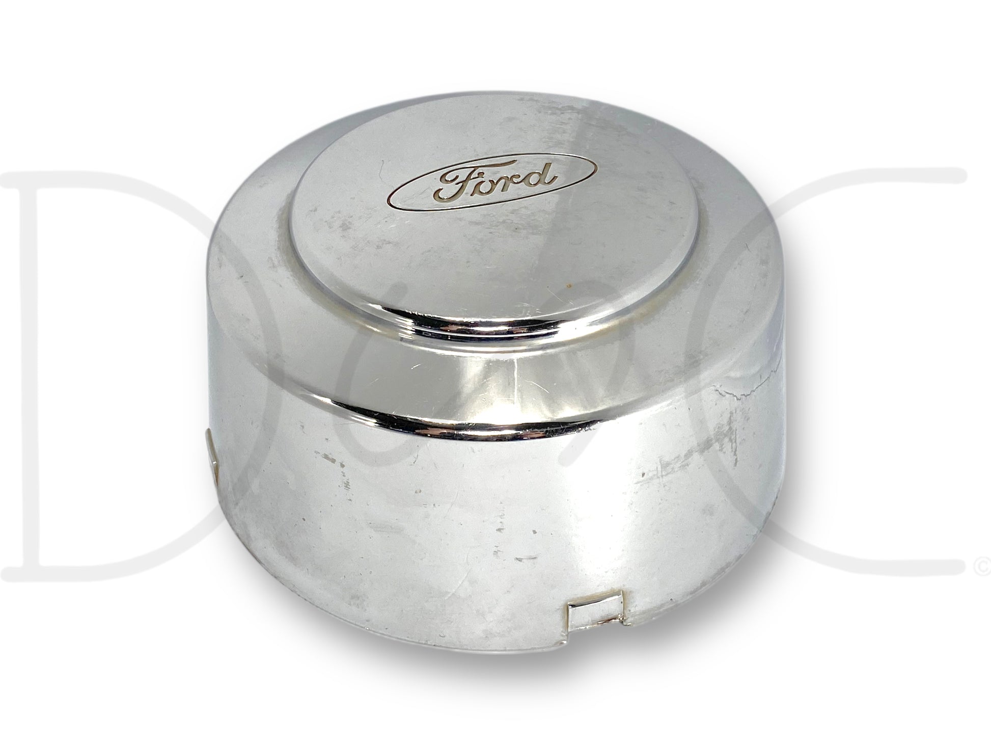 99-04 Ford F350 Super Duty Dually Rear Wheel Center Hub Cap Hubcap Chrome OEM with light wear, scratches, and surface blemishes, compatible with 1999-2004 Ford F-350 dually trucks, made of chrome material featuring the Ford logo.