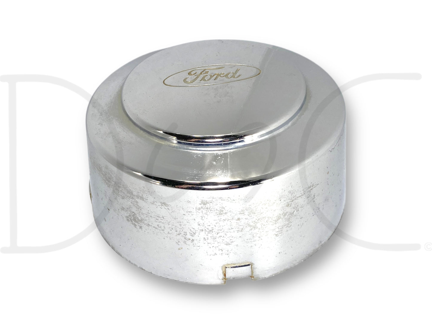 99-04 Ford F350 Super Duty Dually Rear Wheel Center Hub Cap Hubcap Chrome OEM with visible light wear, scratches, and surface blemishes, featuring the Ford logo, suitable for 1999-2004 Ford F-350 dually trucks.