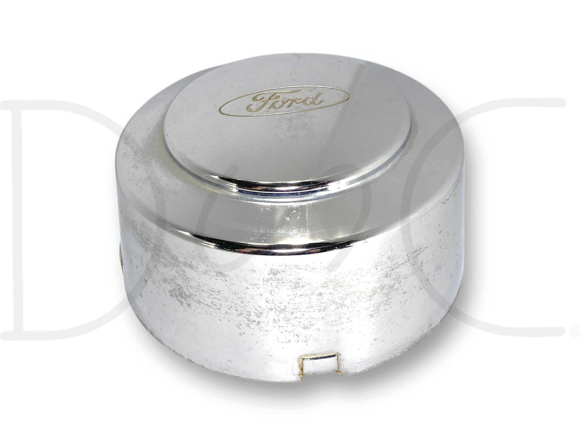 99-04 Ford F350 Super Duty Dually Rear Wheel Center Hub Cap Hubcap Chrome OEM with visible light wear, scratches, and surface blemishes, featuring the Ford logo, suitable for 1999-2004 Ford F-350 dually trucks.