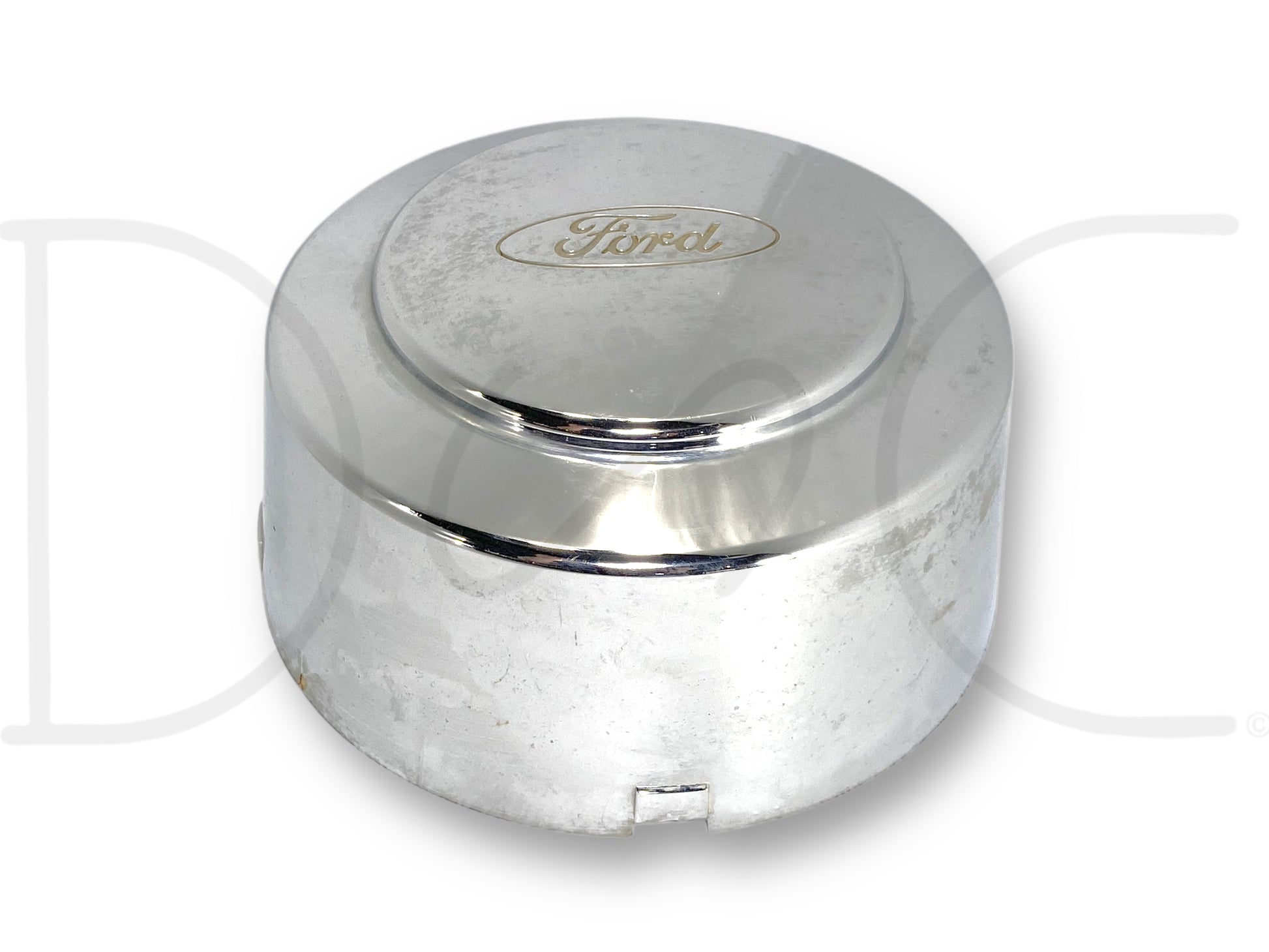 99-04 Ford F350 Super Duty Dually Rear Wheel Center Hub Cap Hubcap Chrome OEM with visible light wear, scratches, and surface blemishes, suitable for Ford Super Duty diesel models from 1999 to 2004, featuring chrome finish and Ford logo.