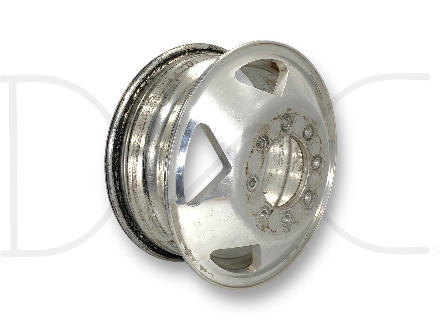 99-04 Ford F350 DRW Dually 16" Aluminum Wheel 16X6 Rim 8X170MM 2C34-1007-BA used aluminum wheel rim with surface blemishes and scratches, suitable for 1999-2004 Ford F-350 DRW trucks including 6.0L Powerstroke diesel models.