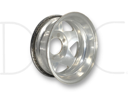 99-04 Ford F350 DRW Dually 16" Aluminum Wheel 16X6 Rim 8X170MM 2C34-1007-Ca with surface blemishes and scratches, used part suitable for 1999 to 2004 Ford F-350 DRW trucks, compatible with diesel and Powerstroke models.