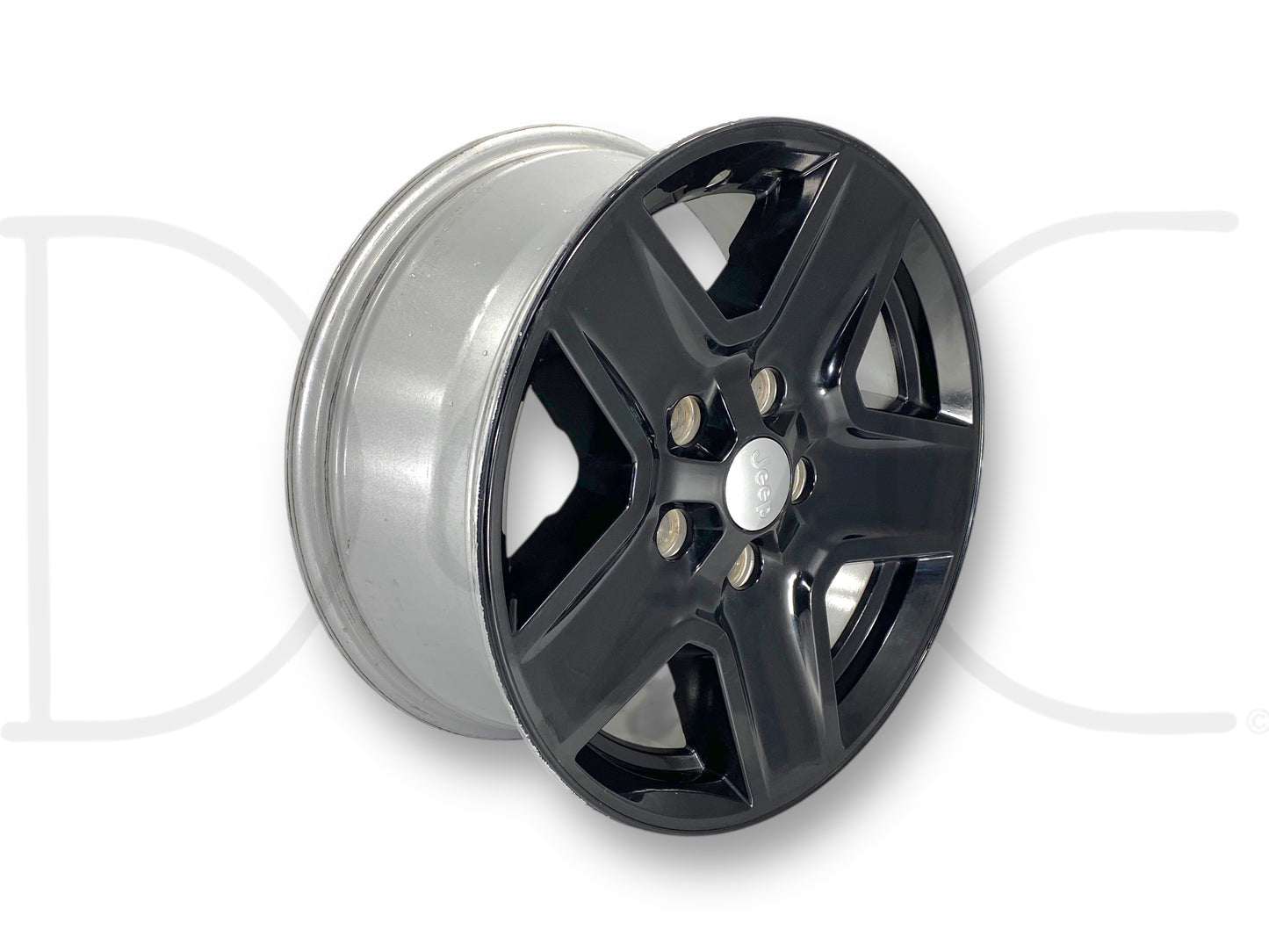 19-23 Jeep Gladiator 17" Wheel 5 Spoke 17X7.5 Rim OE 6Kc86Trmaa showing a used black and silver rim with light wear and scratches, designed to fit Mopar 2019-2023 Jeep Gladiator and Wrangler models.