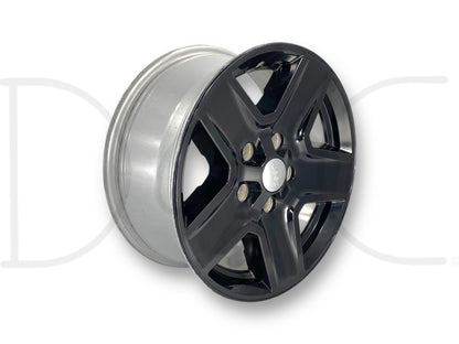 19-23 Jeep Gladiator 17" Wheel 5 Spoke 17X7.5 Rim OE 6Kc86Trmaa showing a used black and silver rim with light wear and scratches, designed to fit Mopar 2019-2023 Jeep Gladiator and Wrangler models.
