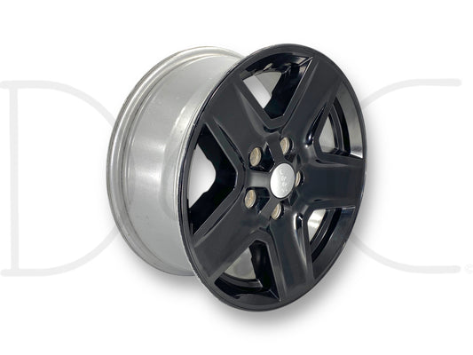 19-23 Jeep Gladiator 17" Wheel 5 Spoke 17X7.5 Rim OE 6Kc86Trmaa showing a used black and silver rim with light wear and scratches, designed to fit Mopar 2019-2023 Jeep Gladiator and Wrangler models.