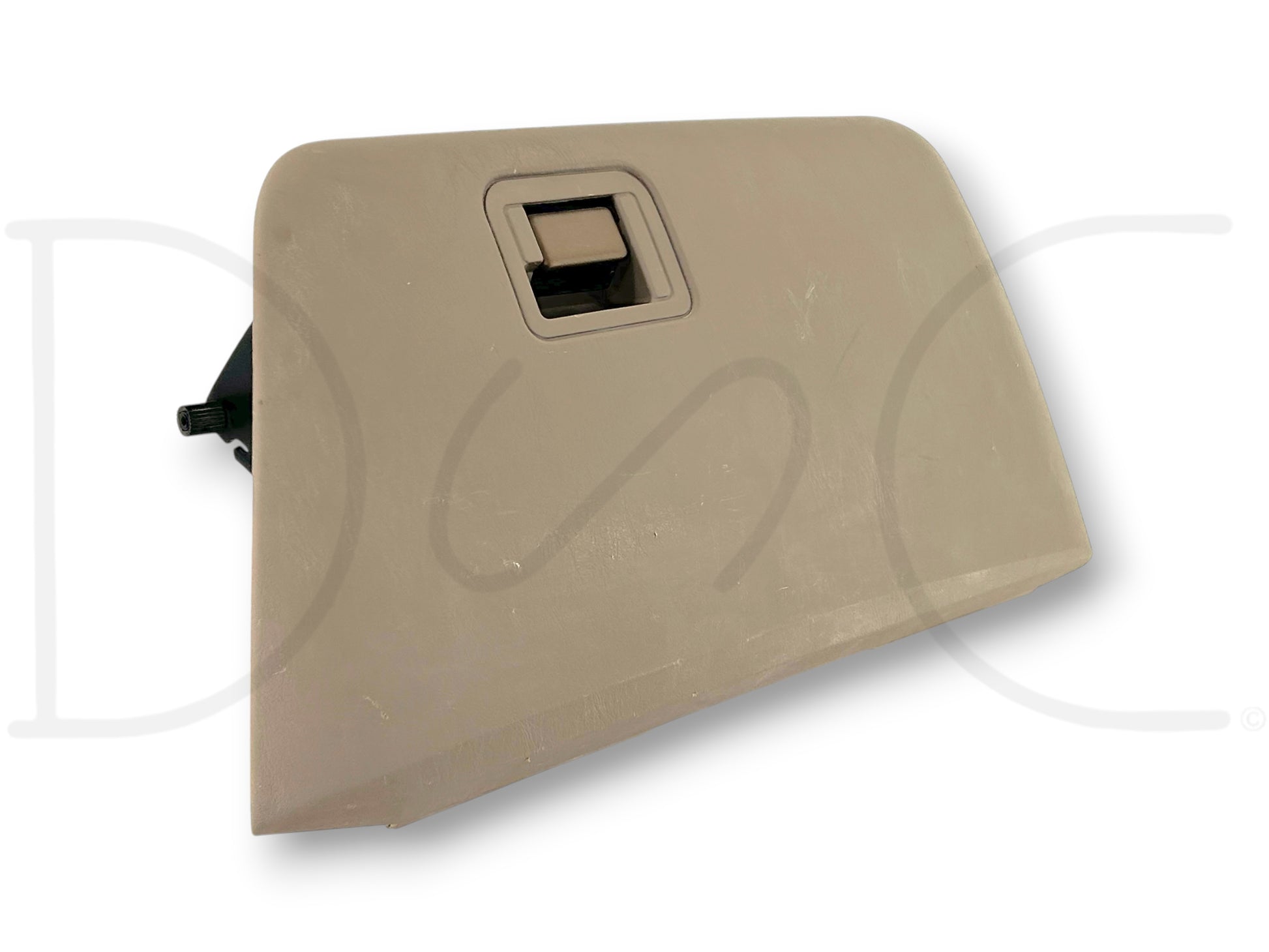 03-07 Ford F250 F350 Super Duty Tan Glove Box Storage Compartment with latch, used condition showing light wear, compatible with 2003-2007 Ford Super Duty models.