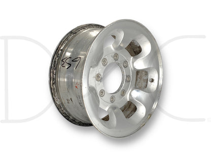 Used 99-04 Ford F250 F350 Excursion 16" Alloy Wheel 16X7 Rim 8 Lug F81A-1007-Aa with surface blemishes and scratches, compatible with 1999-2004 Ford Excursion, F-250, and F-350 trucks, featuring a silver alloy finish and durable construction for Powerstroke diesel models.