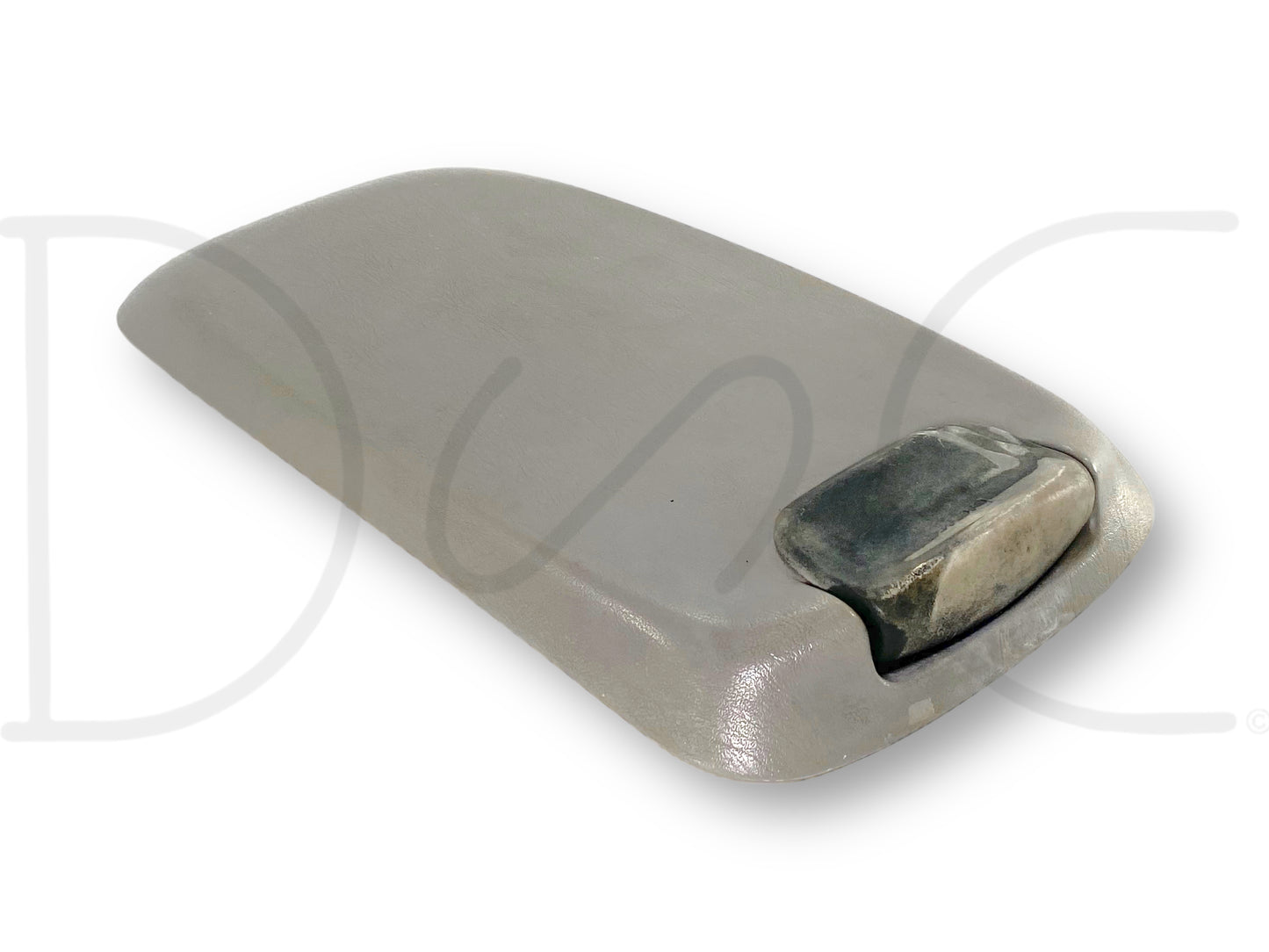 99-07 Ford F250 F350 Super Duty Center Console Floor Storage Lid Gray OE, used with light wear and fading, featuring a gray surface and black latch, compatible with Ford trucks from 1999 to 2007 including models with 7.3L diesel engines.