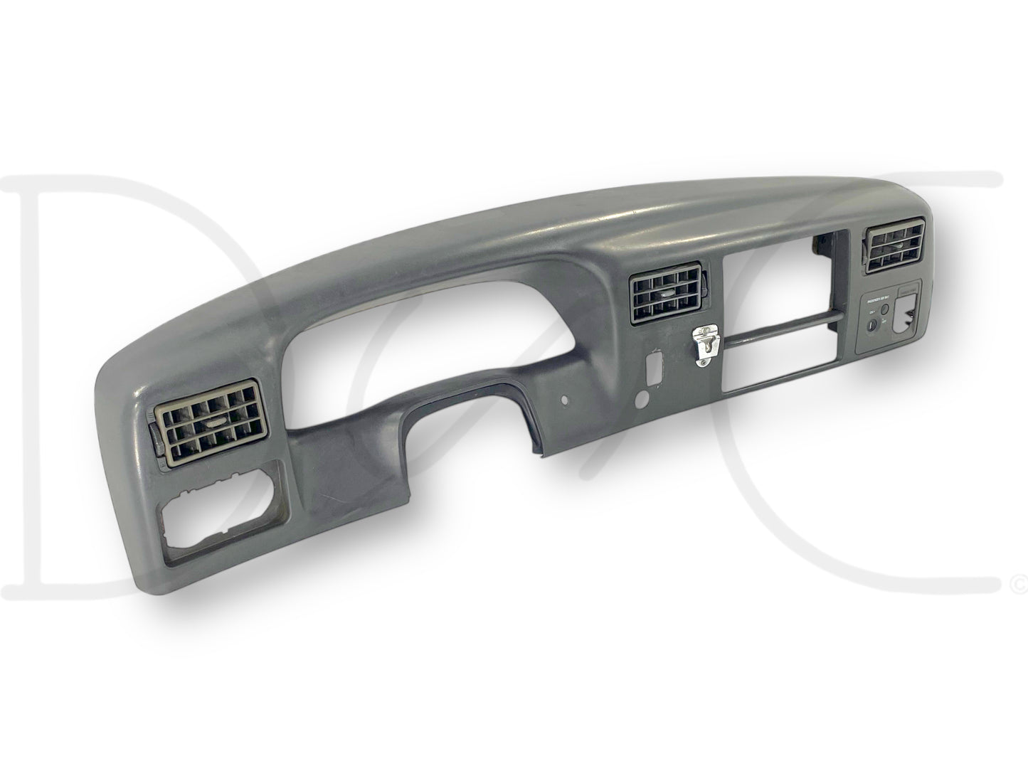 99-04 Ford F250 F350 Super Duty Dash Bezel Radio Cluster Trim Panel Gray *Blem* with visible blemishes and trimmed radio opening for double DIN, featuring switch holes and radio clip near center, designed for 1999-2004 Ford truck models including F-250 and F-350 Super Duty.