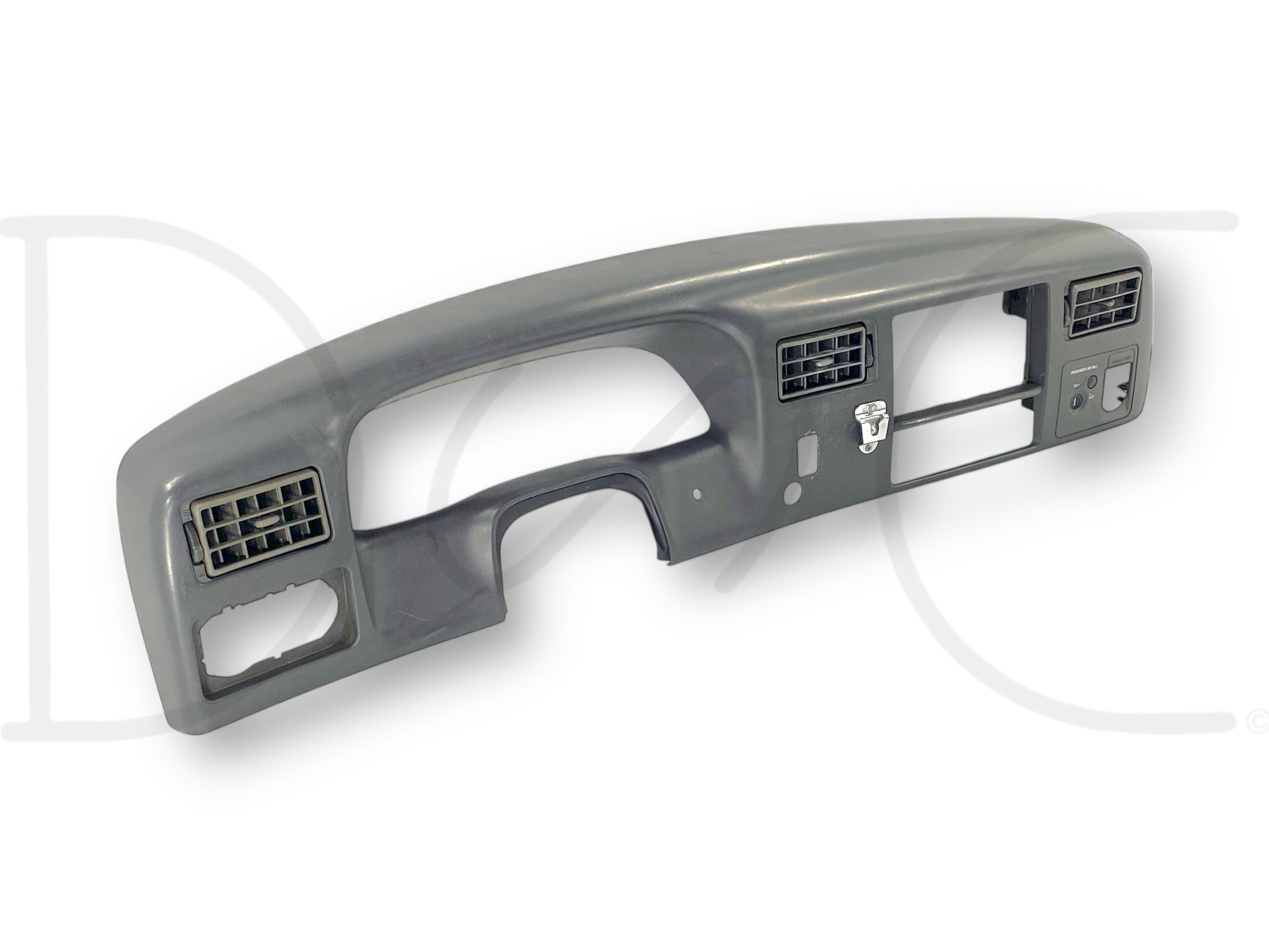 99-04 Ford F250 F350 Super Duty Dash Bezel Radio Cluster Trim Panel Gray *Blem* with visible blemishes and trimmed radio opening for double DIN, featuring switch holes and radio clip near center, designed for 1999-2004 Ford truck models including F-250 and F-350 Super Duty.