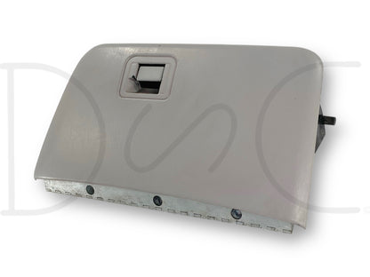 99-02 Ford F250 F350 Dash Glove Box Storage Bin Compartment Gray OE, used condition with light wear and scratches around handle, compatible with 1999 to 2002 Ford truck models including F-250, F-350, F-450, and F-550, suitable for Powerstroke diesel trucks.