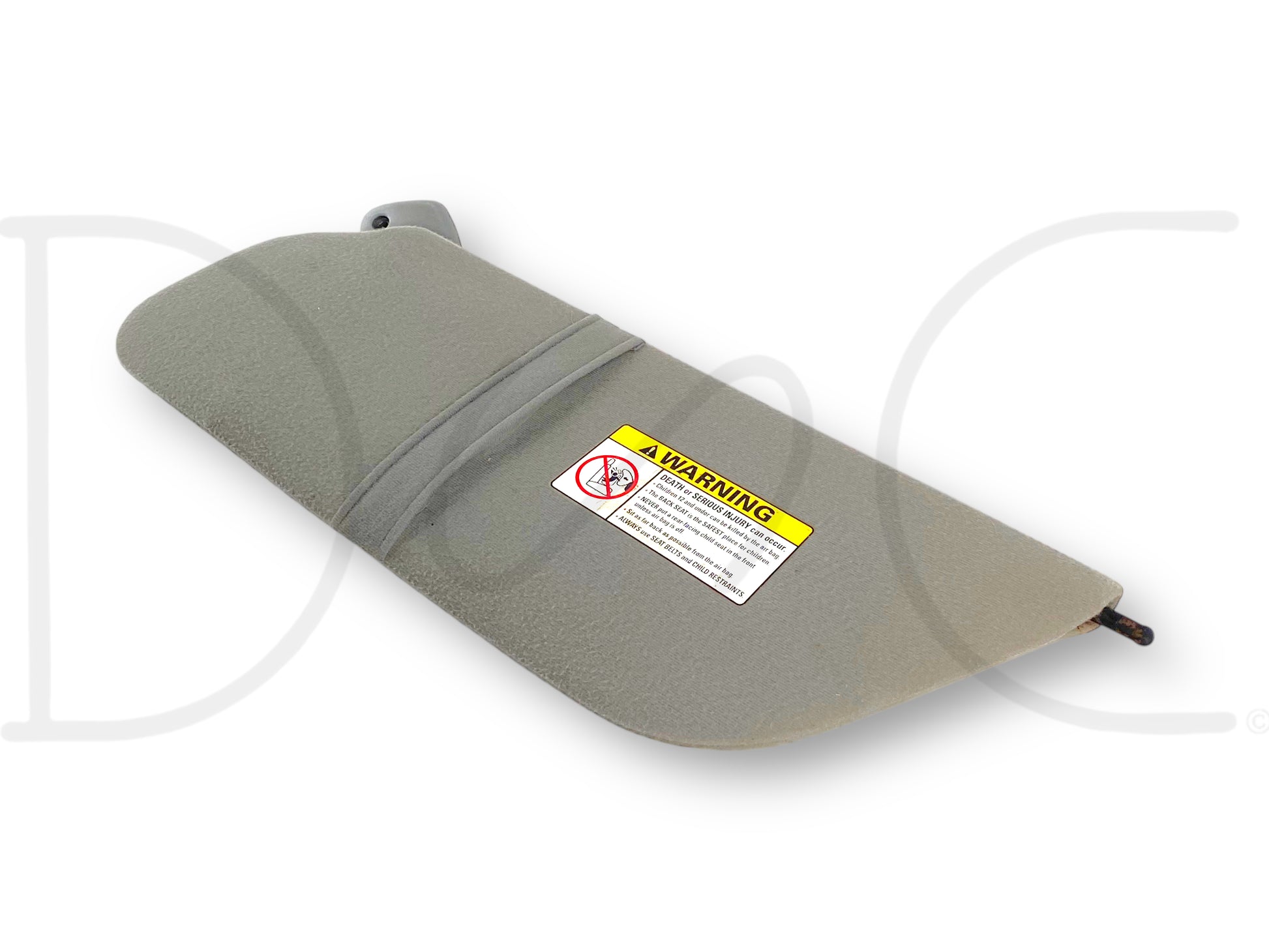 99-01 Ford F250 F350 LH Left Driver Sun Visor Gray Cloth OEM used part with light wear and small stains, compatible with 1999-2001 Ford F-250, F-350, F-450, and F-550 trucks, featuring gray cloth material and an attached warning label.