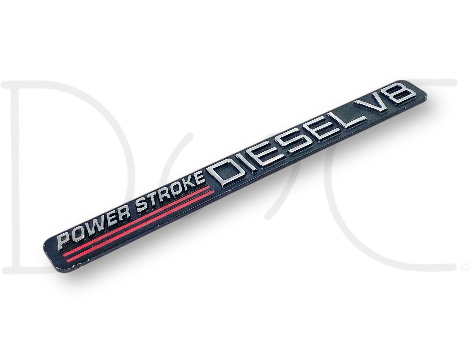 99-00 Ford F250 F350 7.3 7.3L Powerstroke V8 Turbo Diesel Door Badge Emblem OE in used good condition with light wear, featuring black background and silver lettering with red accents.