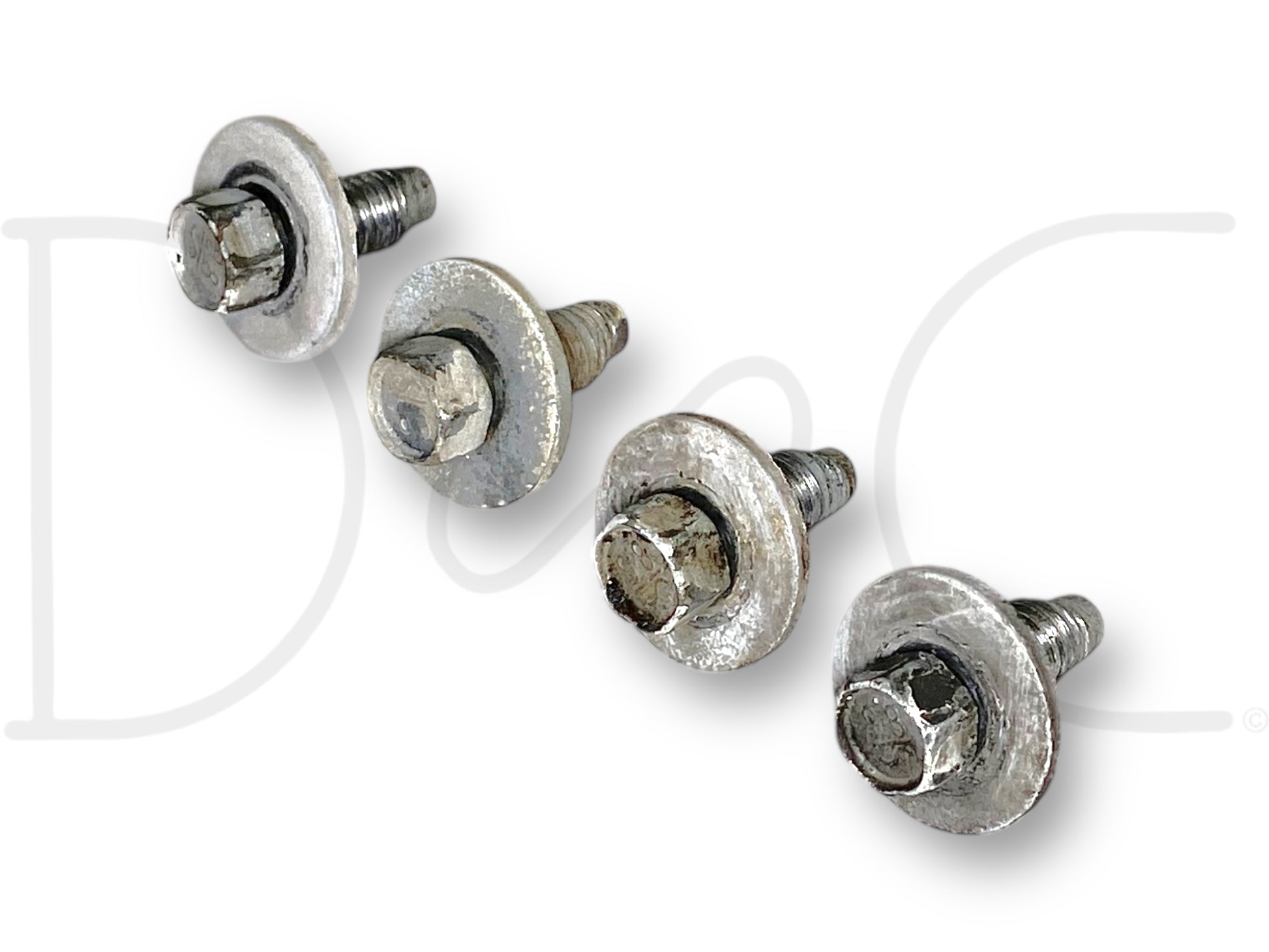 99-07 Ford Excursion F250 F350 Hood Hinge Bolt Set OEM [4] Bolts, used condition with light wear, including four metal bolts with integrated washers designed for fitment on 1999-2007 Ford Excursion and Super Duty trucks such as F-250, F-350, F-450, and F-550 models.