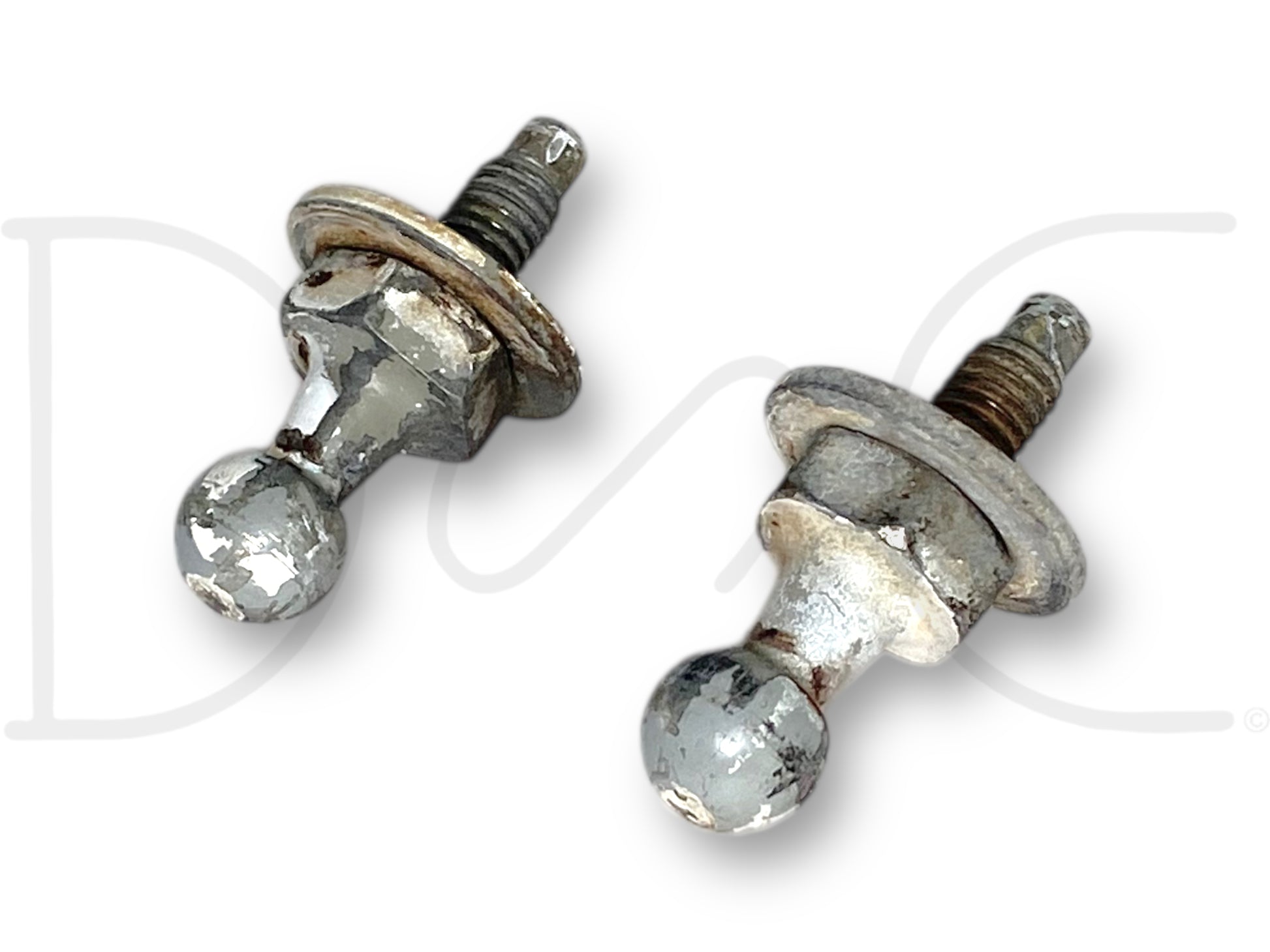 99-07 Ford F250 F350 Hood Strut Support Shock Ball Lower Stud Pair Set showing used condition with light wear, designed for 1999-2007 Ford F250, F350, F450, and F550 trucks. Durable metal construction suitable for OE parts replacement.