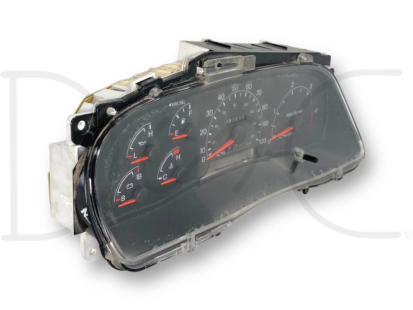 99-01 Ford F250 F350 7.3 7.3L Diesel A/T Instrument Gauge Cluster Xc3F-10849-Ce used OEM dashboard panel with speedometer, fuel gauge, and engine temperature indicators, featuring light wear and blemishes on lens, compatible with 1999-2001 Ford Super Duty trucks.