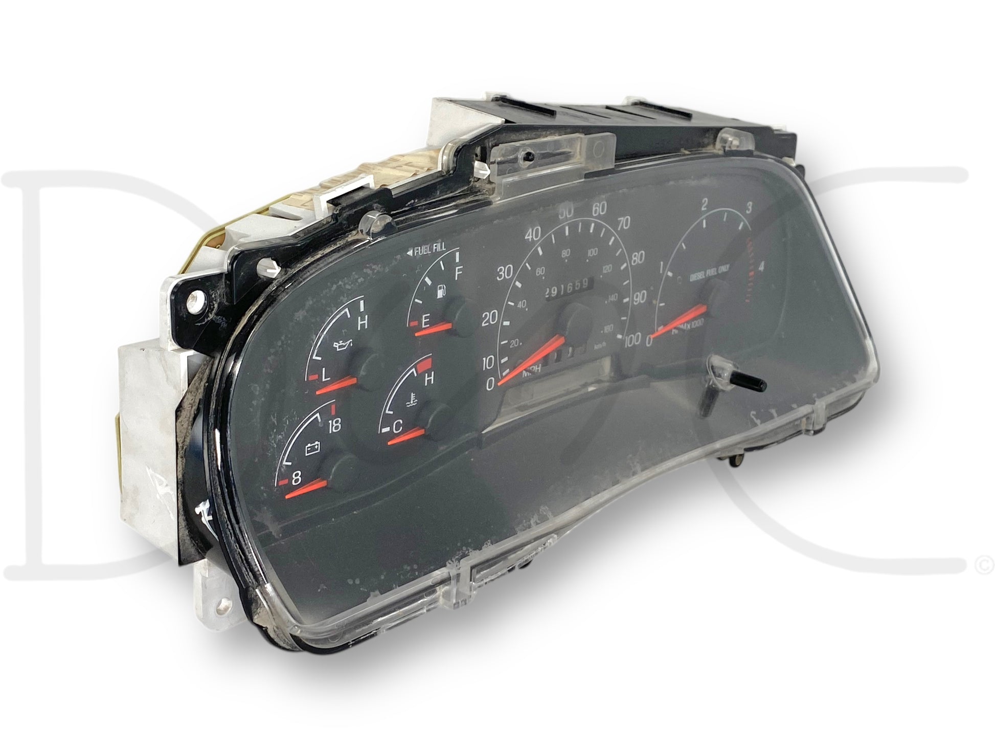 99-01 Ford F250 F350 7.3 7.3L Diesel A/T Instrument Gauge Cluster Xc3F-10849-Ce used OEM dashboard panel with speedometer, fuel gauge, and engine temperature indicators, featuring light wear and blemishes on lens, compatible with 1999-2001 Ford Super Duty trucks.