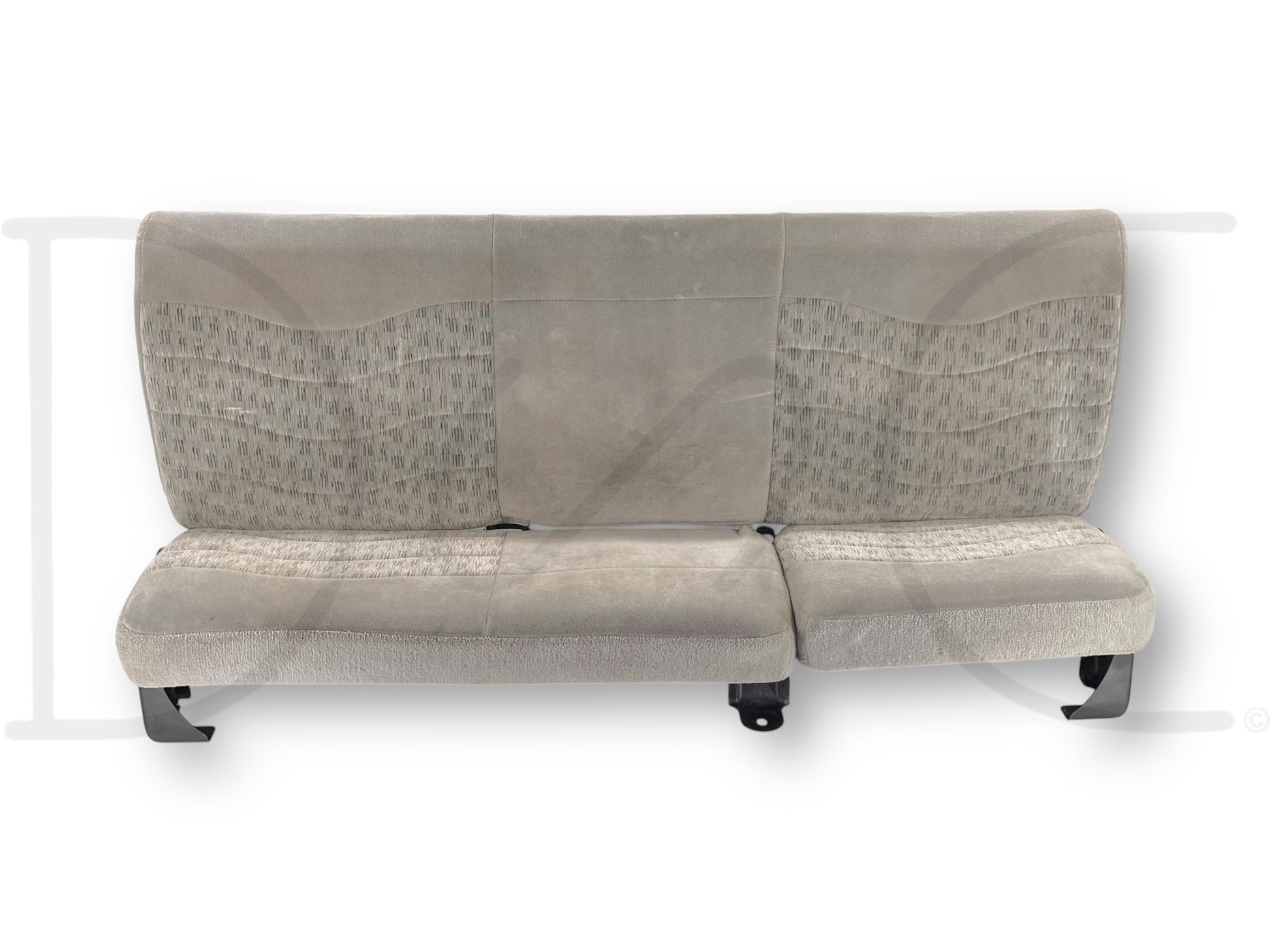 99-01 Ford F250 F350 Super Duty Extended Cab Rear Bench Back Seat Gray Cloth in used condition with light wear and small blemishes, compatible with Ford models from 1999 to 2007 including F-250, F-350, F-450, and F-550 trucks.
