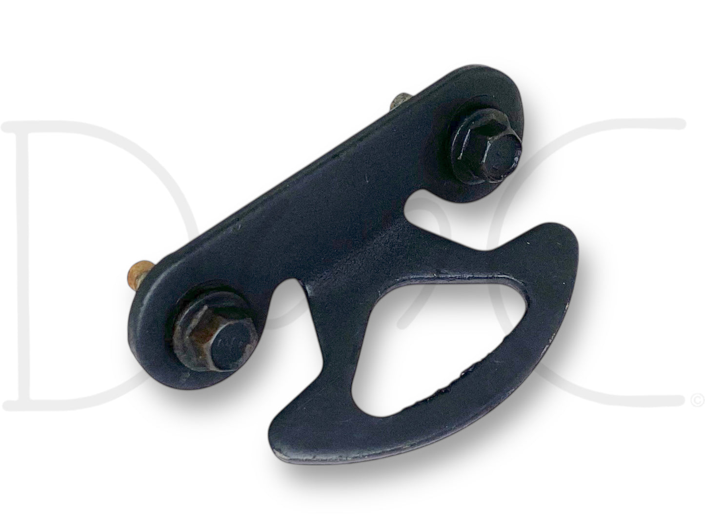 Used OE metal tie down hook with bolts included, showing light wear and good condition, designed for 99-07 Ford F250 F350 pickup truck box beds, compatible with diesel Powerstroke models and Super Duty trucks, featuring durable black finish. 99-07 Ford F250 F350 Pickup Truck Box Bed Tie Down Hook OEM