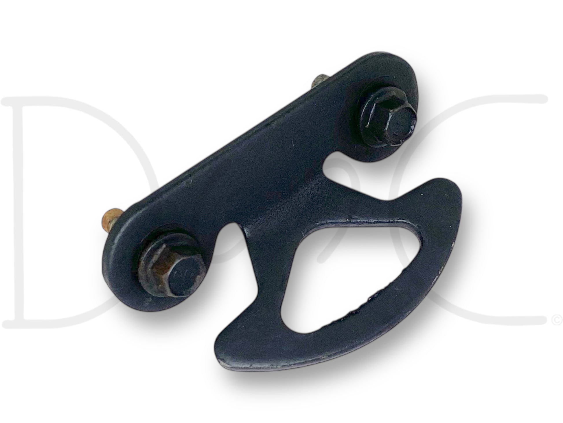 Used OE metal tie down hook with bolts included, showing light wear and good condition, designed for 99-07 Ford F250 F350 pickup truck box beds, compatible with diesel Powerstroke models and Super Duty trucks, featuring durable black finish. 99-07 Ford F250 F350 Pickup Truck Box Bed Tie Down Hook OEM