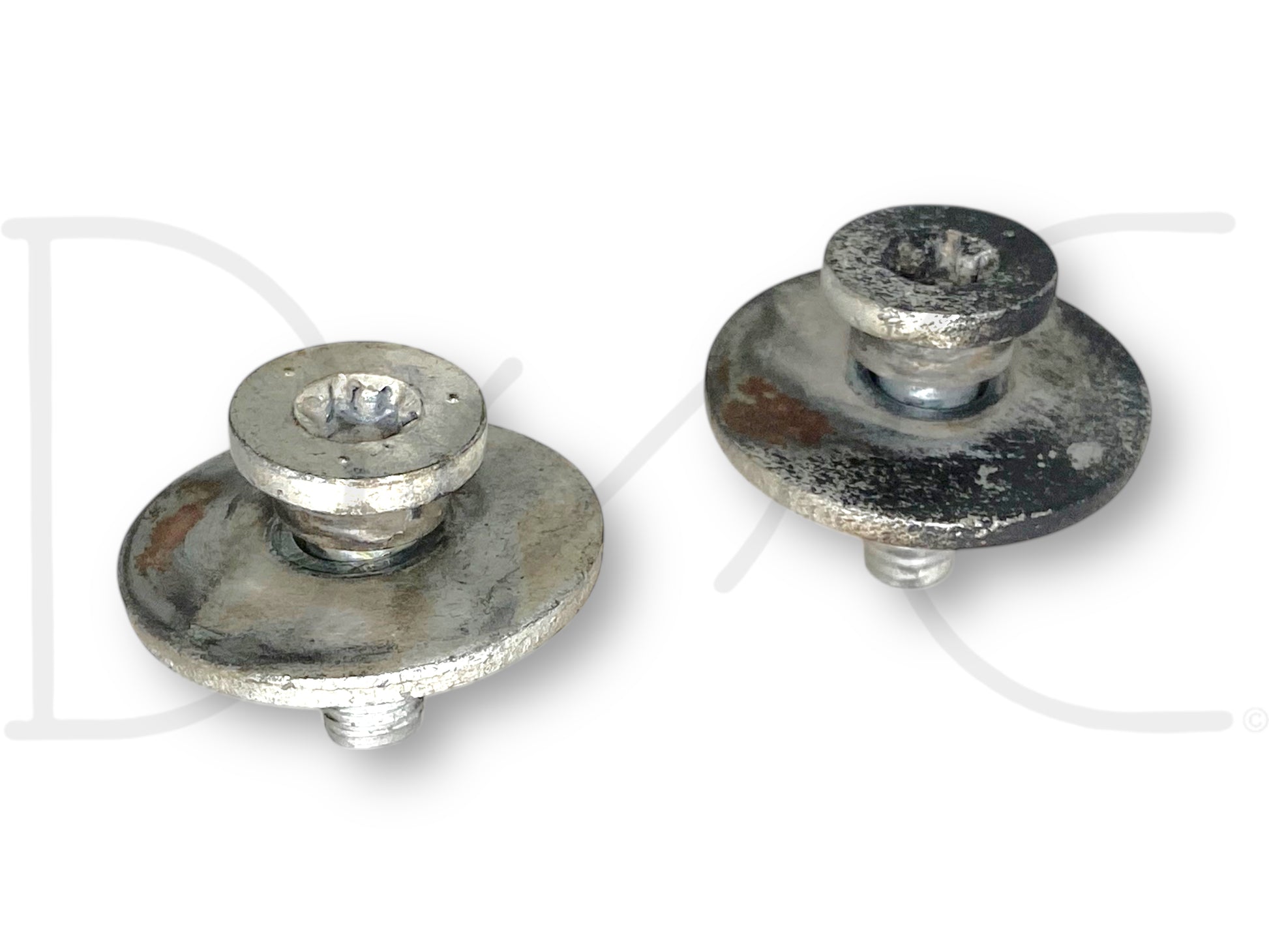 99-07 Ford F250 F350 Super Duty Tailgate Strap Cable To Bed Torx Bolt Set [2] showing two used metal torx bolts with integrated washers, exhibiting light wear and designed for Ford Super Duty truck tailgate strap cable installation.