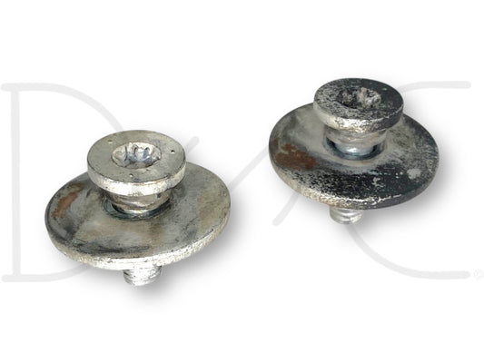 99-07 Ford F250 F350 Super Duty Tailgate Strap Cable To Bed Torx Bolt Set [2] showing two used metal torx bolts with integrated washers, exhibiting light wear and designed for Ford Super Duty truck tailgate strap cable installation.