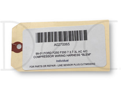 99-01 Ford F250 F350 7.3 7.3L Ac A/C Compressor Wiring Harness *Blem*