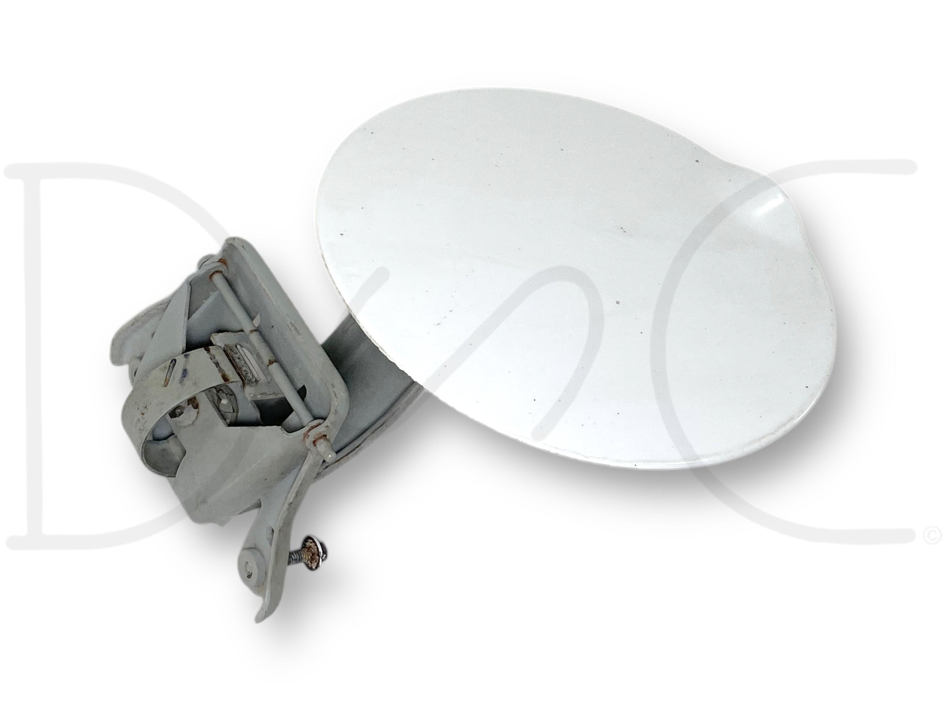 99-07 Ford F250 F350 Bed Fuel Tank Fill Filler Access Door Z1 White OEM showing used condition with light wear, scratches, and paint blemishes, compatible with 1999-2007 Ford F-250 F-350 F-450 trucks, featuring gray interior and white exterior finish.