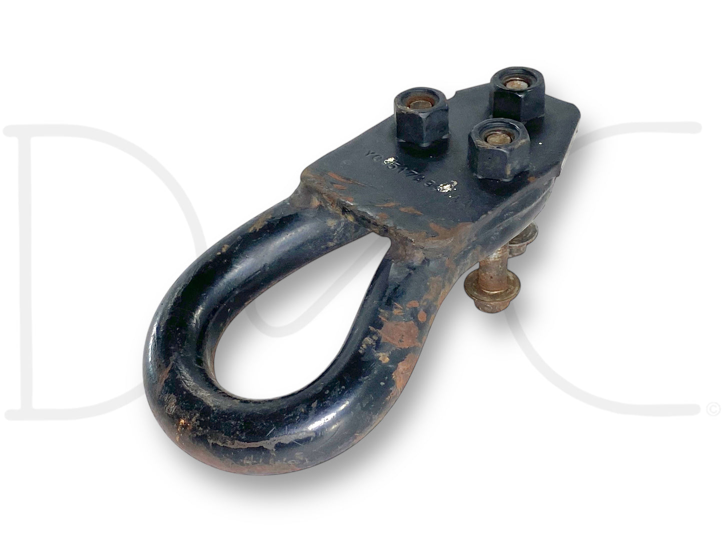Used black tow hook recovery loop with bolts showing light wear and scratches, compatible with 00-07 Ford F250 F350 models, labeled as 00-07 Ford F250 F350 Tow Hook Recovery Loop Black W/ Bolts Yc35-17A954-Aa.