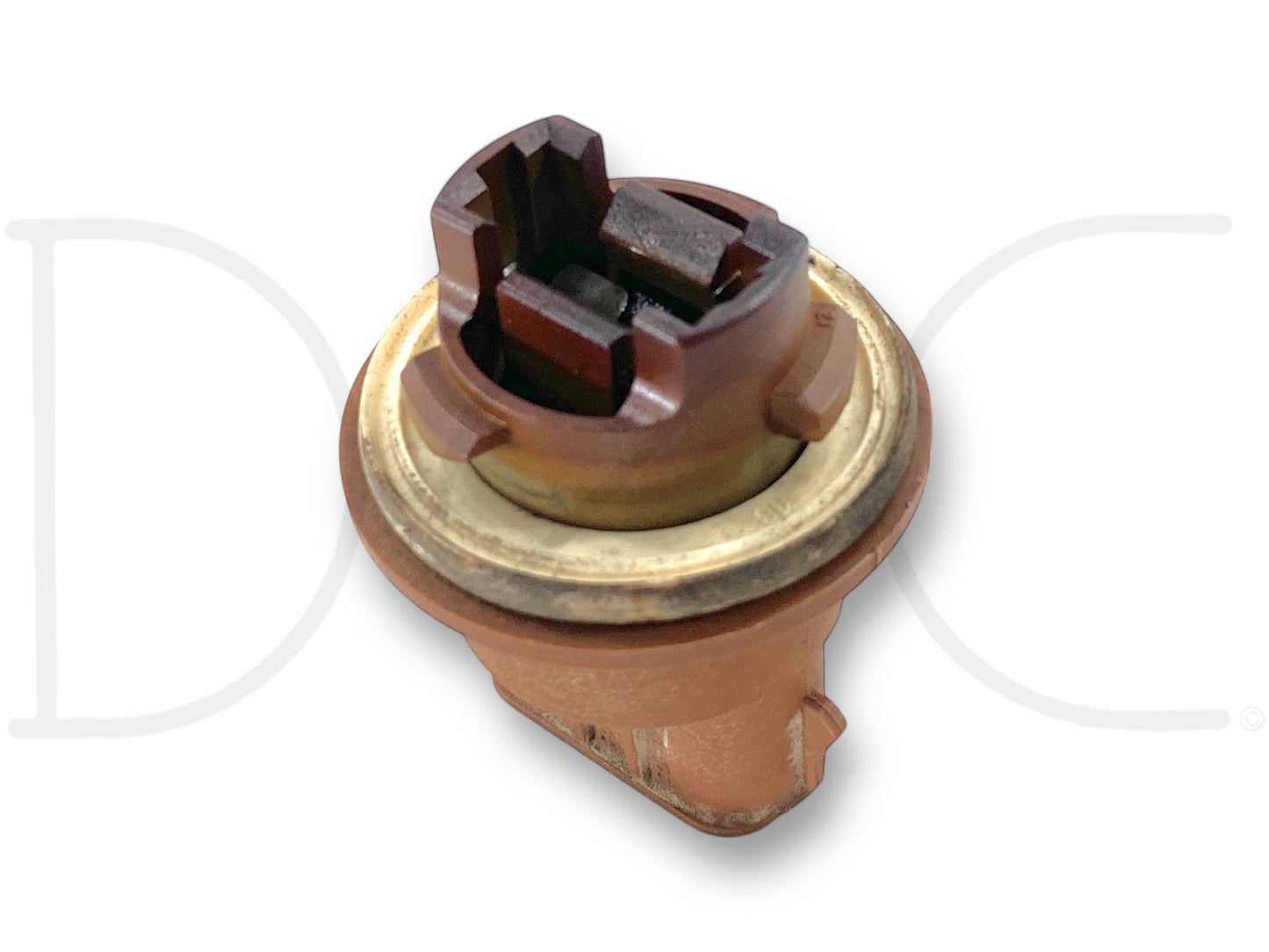 Used brown and brass bulb socket showing light wear, compatible with 99-01 Ford F250 F350 models, described as 99-01 Ford F250 F350 Rear Tail Brake Parking Light Bulb Socket OEM F47B-13411-Aa, suitable for diesel Powerstroke trucks and aftermarket replacement parts.