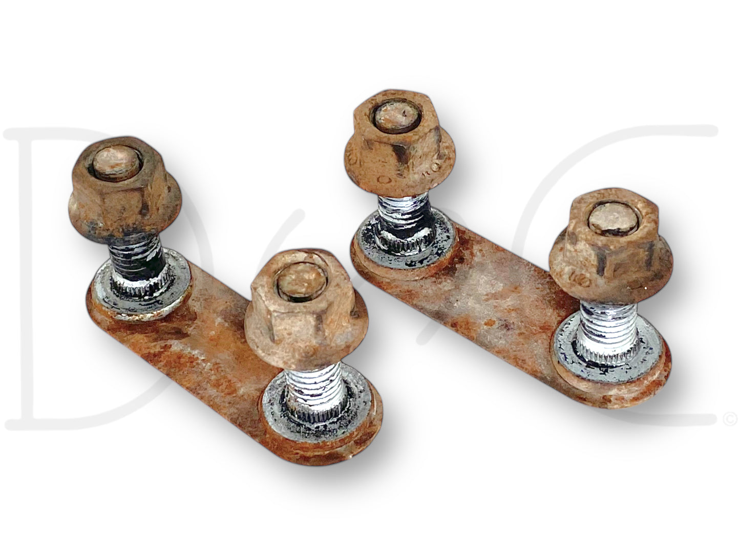 99-07 Ford F250 F350 Super Duty Rear Bumper Bolt Set OE Hardware Bolts showing used, light wear bolts and nuts attached to rusty metal brackets, compatible with 1999 to 2007 Ford F-250, F-350, F-450, and F-550 trucks.