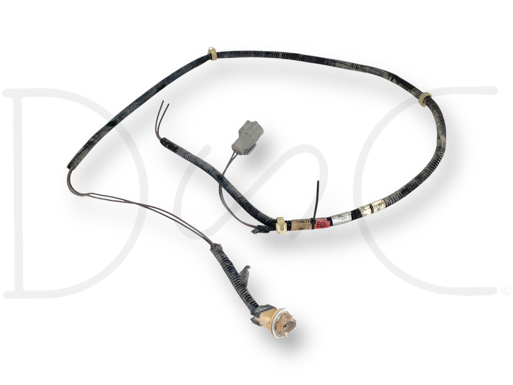 1999 Ford F250 F350 Rear Bumper License Plate Light Harness F81B-13412 *Blem* with wiring harness featuring one bulb socket cut or missing, suitable for 1999 Ford F-250 F-350 F-450 F-550 trucks, used OE part for repair or parts.