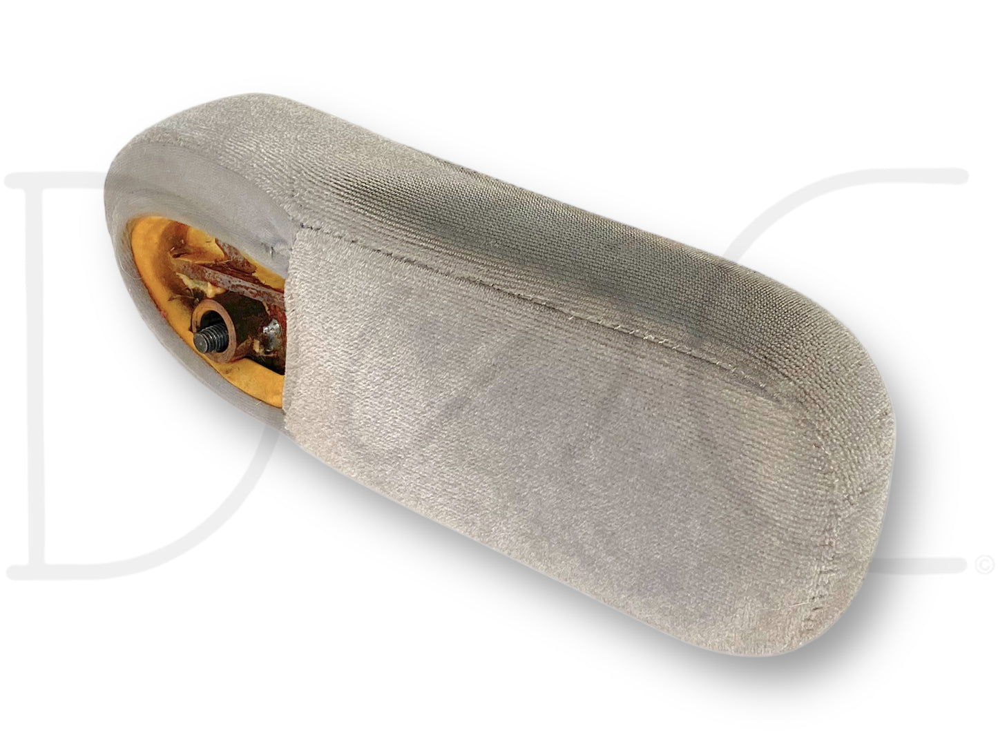 99-07 Ford F250 F350 RH Right Passenger Front Seat Armrest Arm Rest OE in used condition with wear on top of cover, compatible with 1999-2007 Ford F-250, F-350, F-450, and F-550 trucks, featuring gray fabric material.