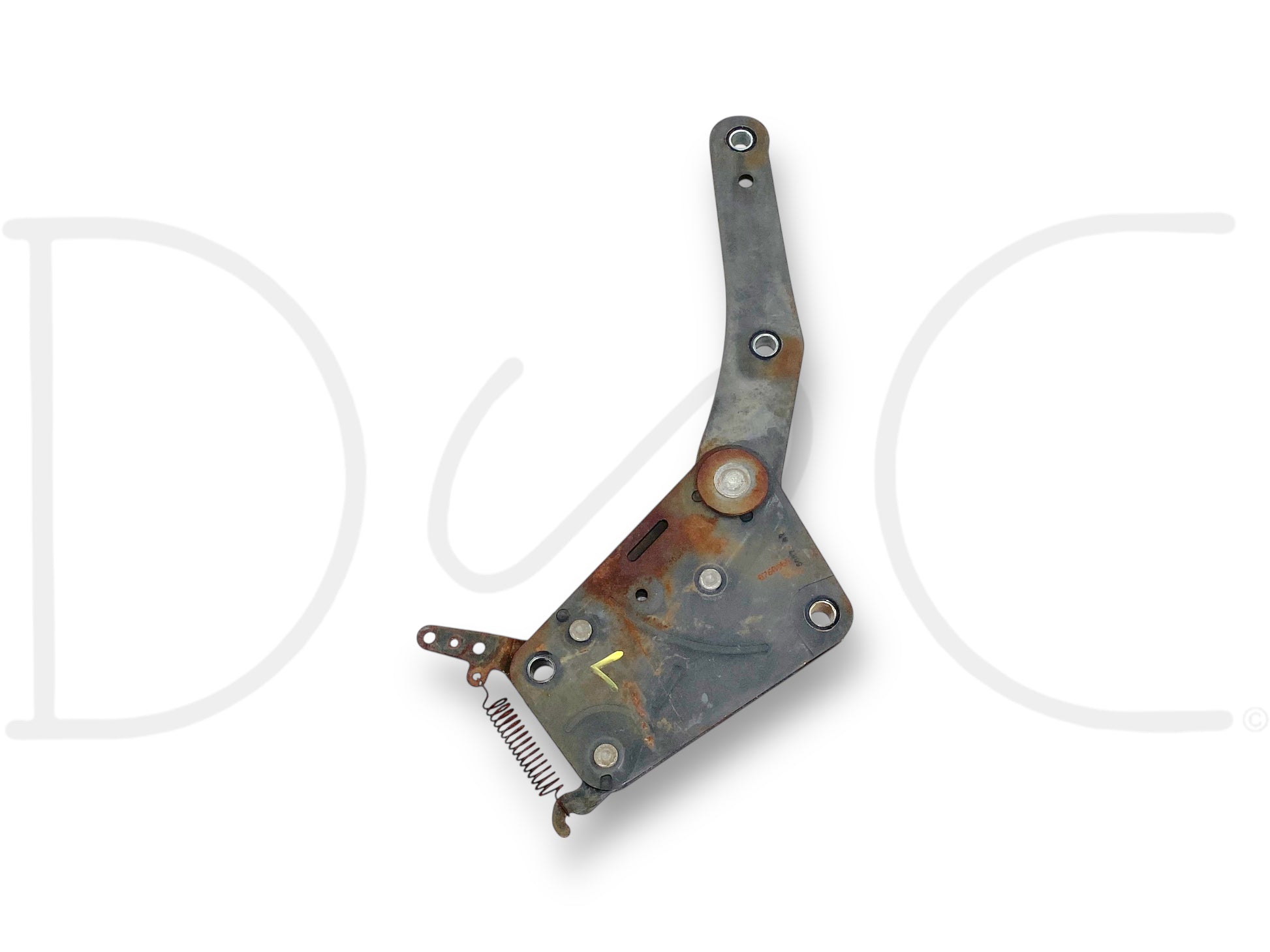 99-07 Ford F250 F350 LH Left Driver Seat Back Recline Tilt Lean Hinge Bracket OE used condition with light wear, compatible with 1999-2007 Ford F-250, F-350, F-450, F-550 trucks, featuring metal construction and visible mounting points.