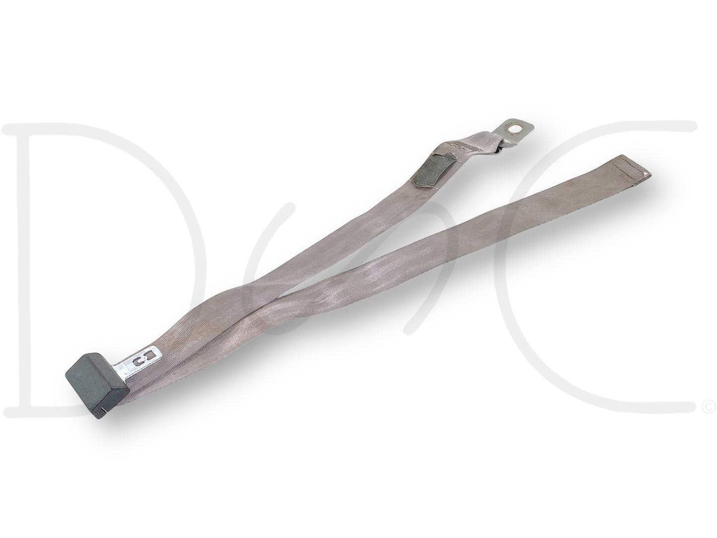 99-02 Ford F250 F350 Rear Back Seat Center Seatbelt Lap Belt Gray OE *Blem* shown on a white background, used part with visible stains and blemishes, compatible with 1999-2002 Ford F-250, F-350, F-450, and F-550 Super Duty trucks.