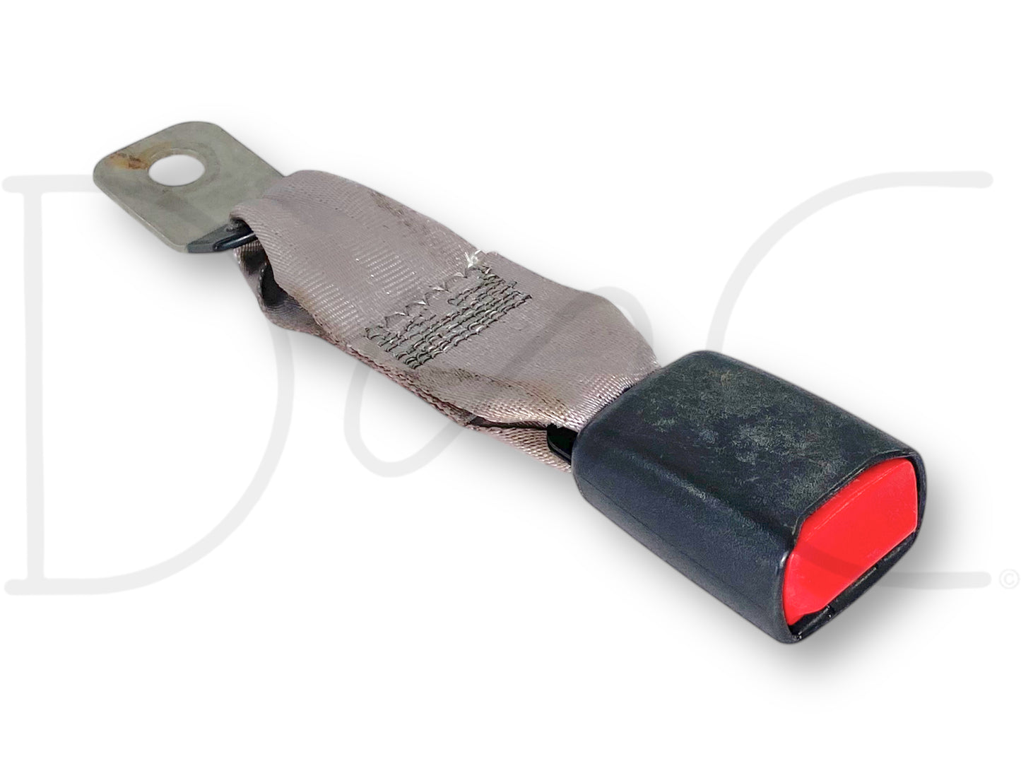 99-02 Ford F250 F350 Rear Back Seat Seatbelt Latch Buckle Gray OE with slight wear and stains, used part compatible with 1999-2002 Ford F-250, F-350, F-450, F-550 trucks, featuring a gray strap and red release button.