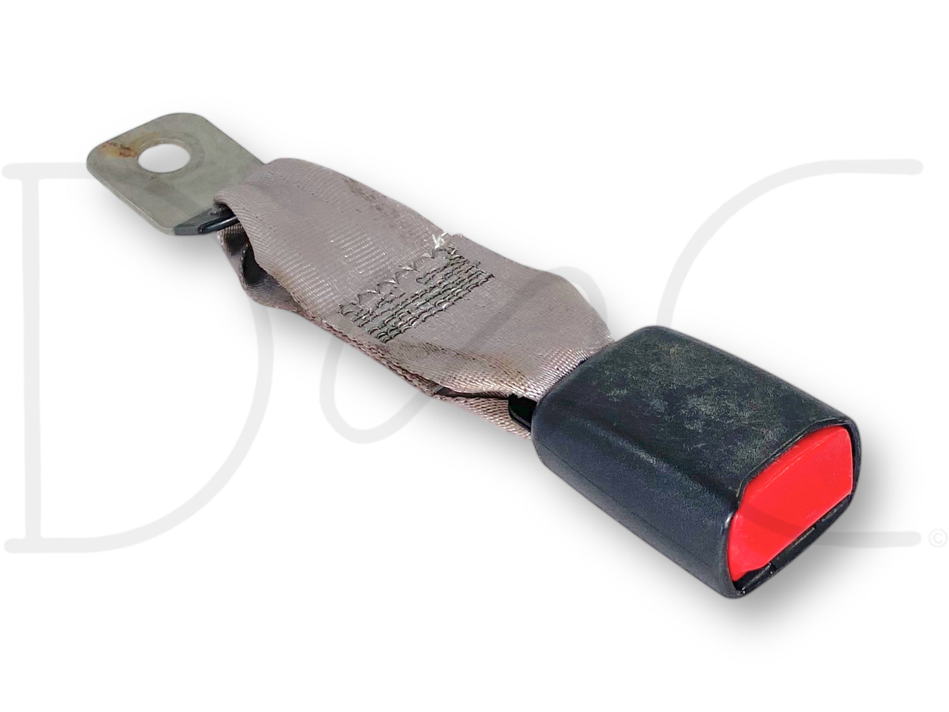 99-02 Ford F250 F350 Rear Back Seat Seatbelt Latch Buckle Gray OE with slight wear and stains, used part compatible with 1999-2002 Ford F-250, F-350, F-450, F-550 trucks, featuring a gray strap and red release button.