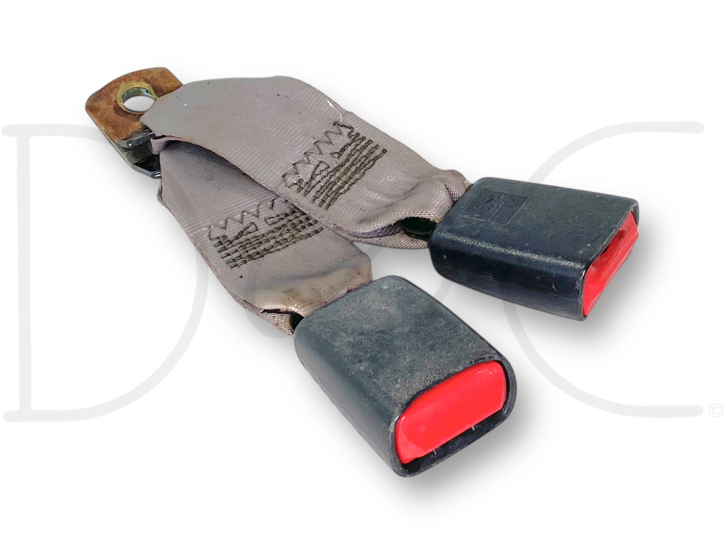 99-02 Ford F250 F350 Rear Back Seat Seatbelt Latch Buckle Double Gray OE used part with light wear and stains, compatible with 1999-2002 Ford Super Duty trucks including F-250, F-350, F-450, and F-550 models, featuring gray fabric and black plastic buckles with red release buttons.