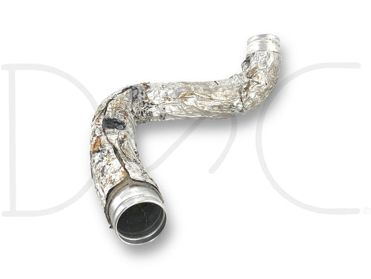 99-02 Ford F250 F350 7.3 7.3L Diesel LH Left Driver Intercooler Tube CAC Pipe OE used part with visible wear and protective foil wrapping, suitable for 1999-2002 Ford Excursion, F-250, F-350, F-450, and F-550 trucks.