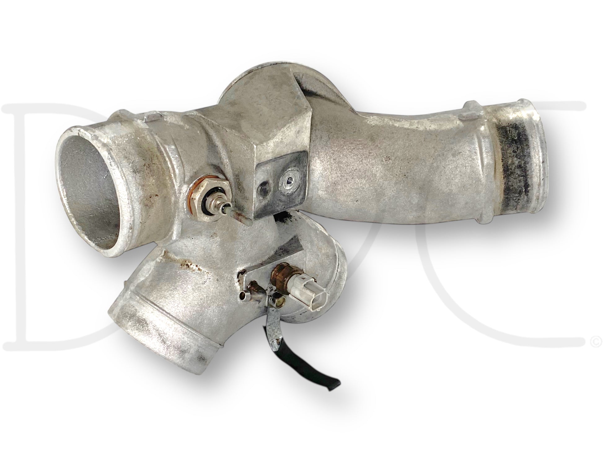 Used 99-03 Ford F250 F350 7.3 Diesel Turbo Intake Spider Manifold Plenum 1827742C1 OE, showing light wear, designed for diesel engine intake, compatible with 1999-2003 Ford F-250 F-350 trucks, made of metal with sensors and connector ports attached.